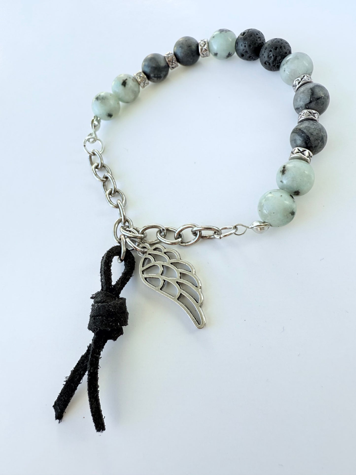 Grey Agate Gemstone Beaded Stretch Bracelet with Silver Chain