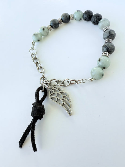 Grey Agate Gemstone Beaded Stretch Bracelet with Silver Chain
