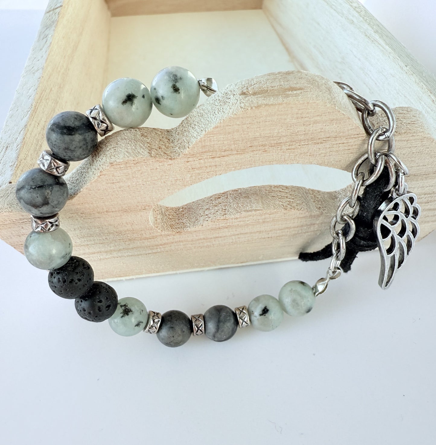 Grey Agate Gemstone Beaded Stretch Bracelet with Silver Chain
