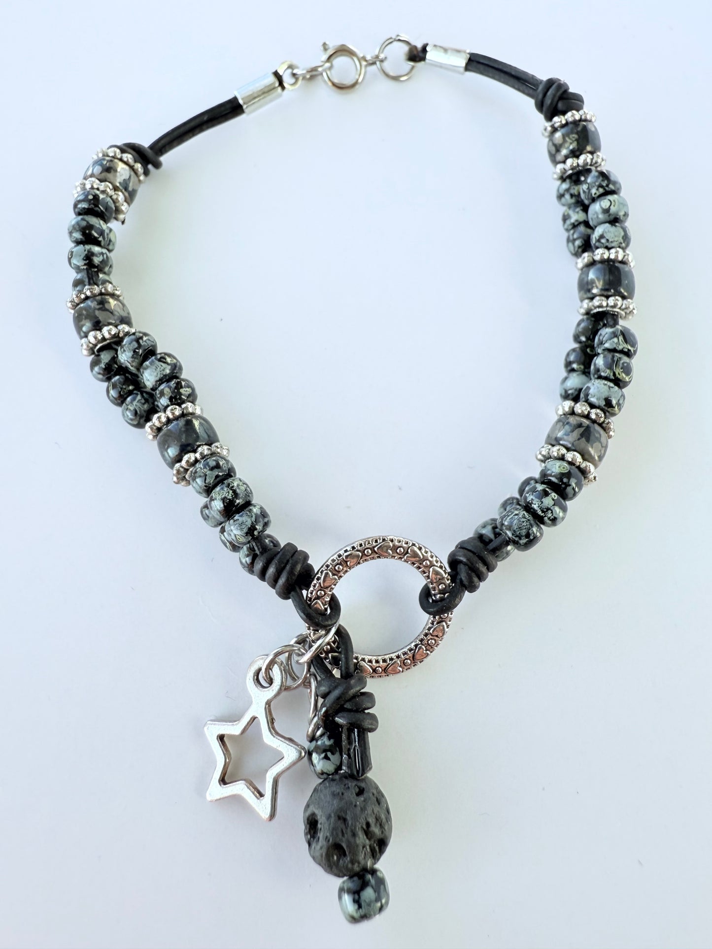 Leather Bracelet with Grey/Black Miyuki Seed Beads