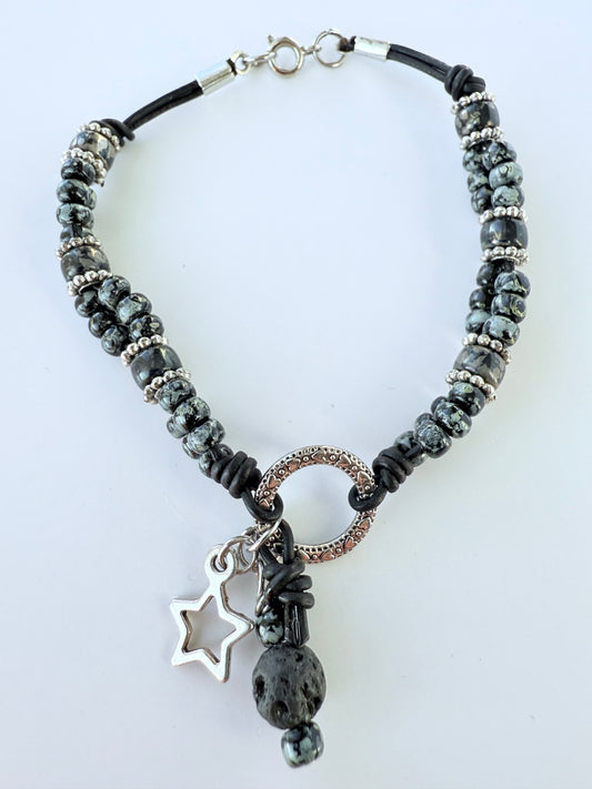 Leather Bracelet with Grey/Black Miyuki Seed Beads