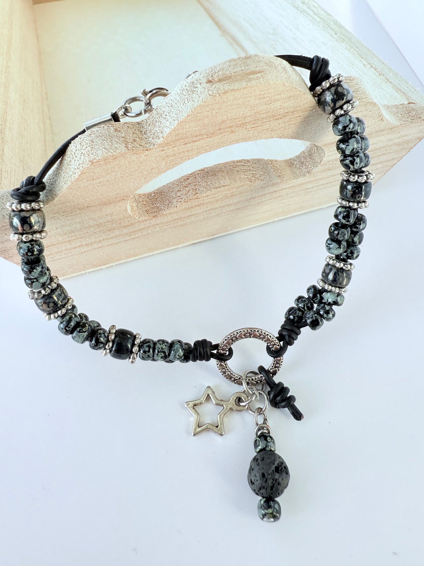 Leather Bracelet with Grey/Black Miyuki Seed Beads