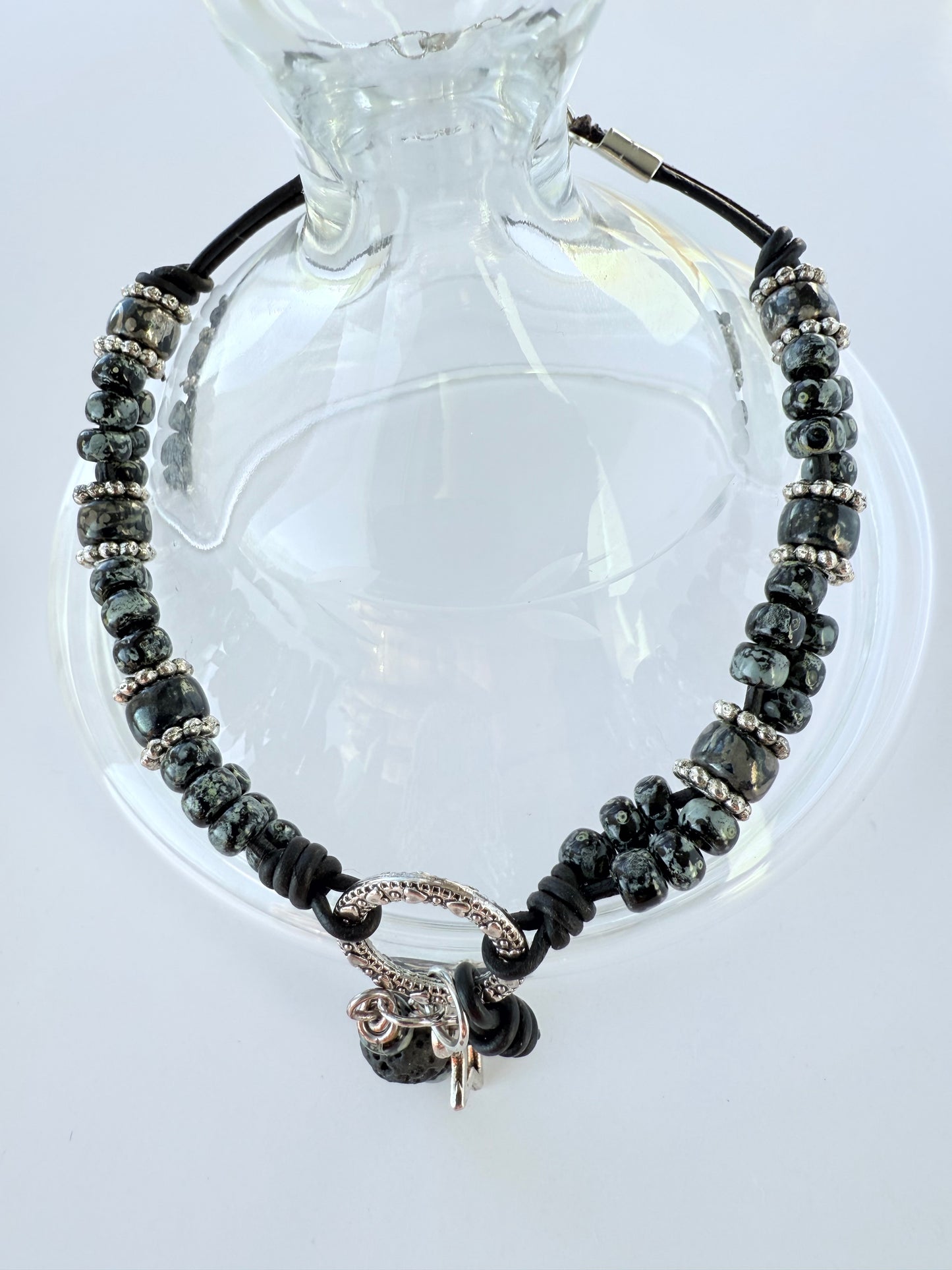 Leather Bracelet with Grey/Black Miyuki Seed Beads