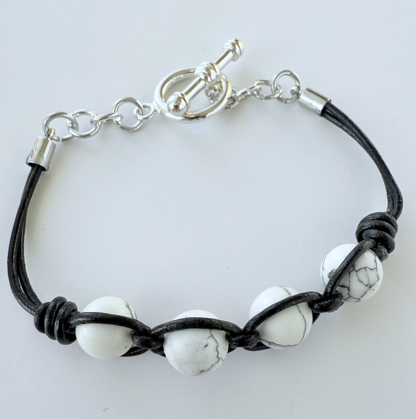 Leather Bracelet with White Howlite Gemstone Beads