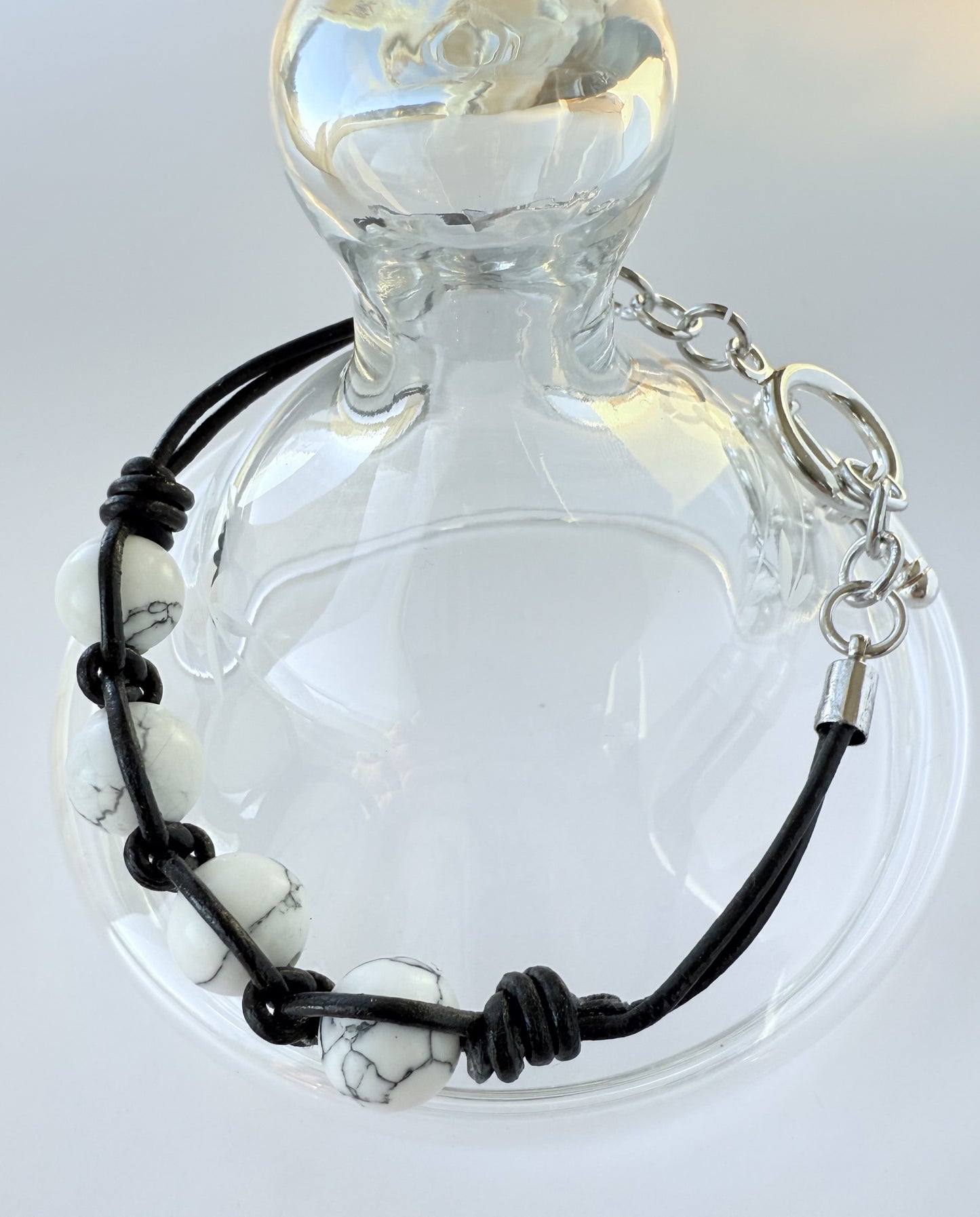 Leather Bracelet with White Howlite Gemstone Beads