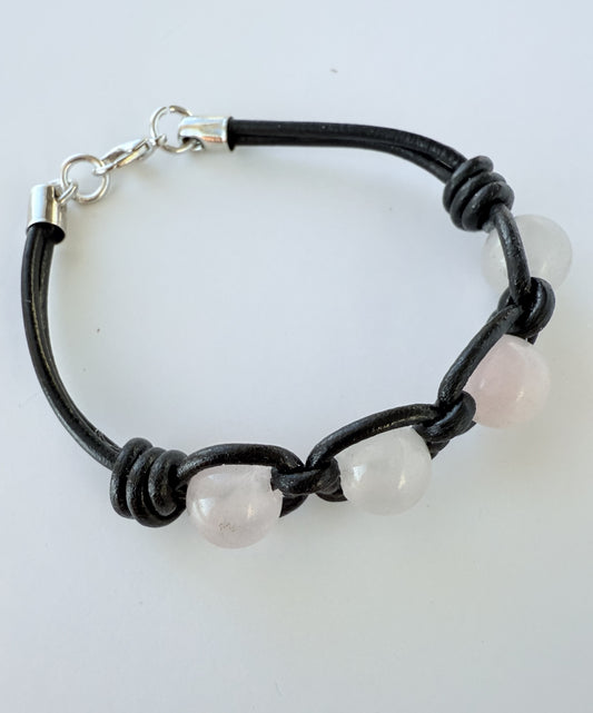 Leather Bracelet with Rose Quartz Gemstone Beads