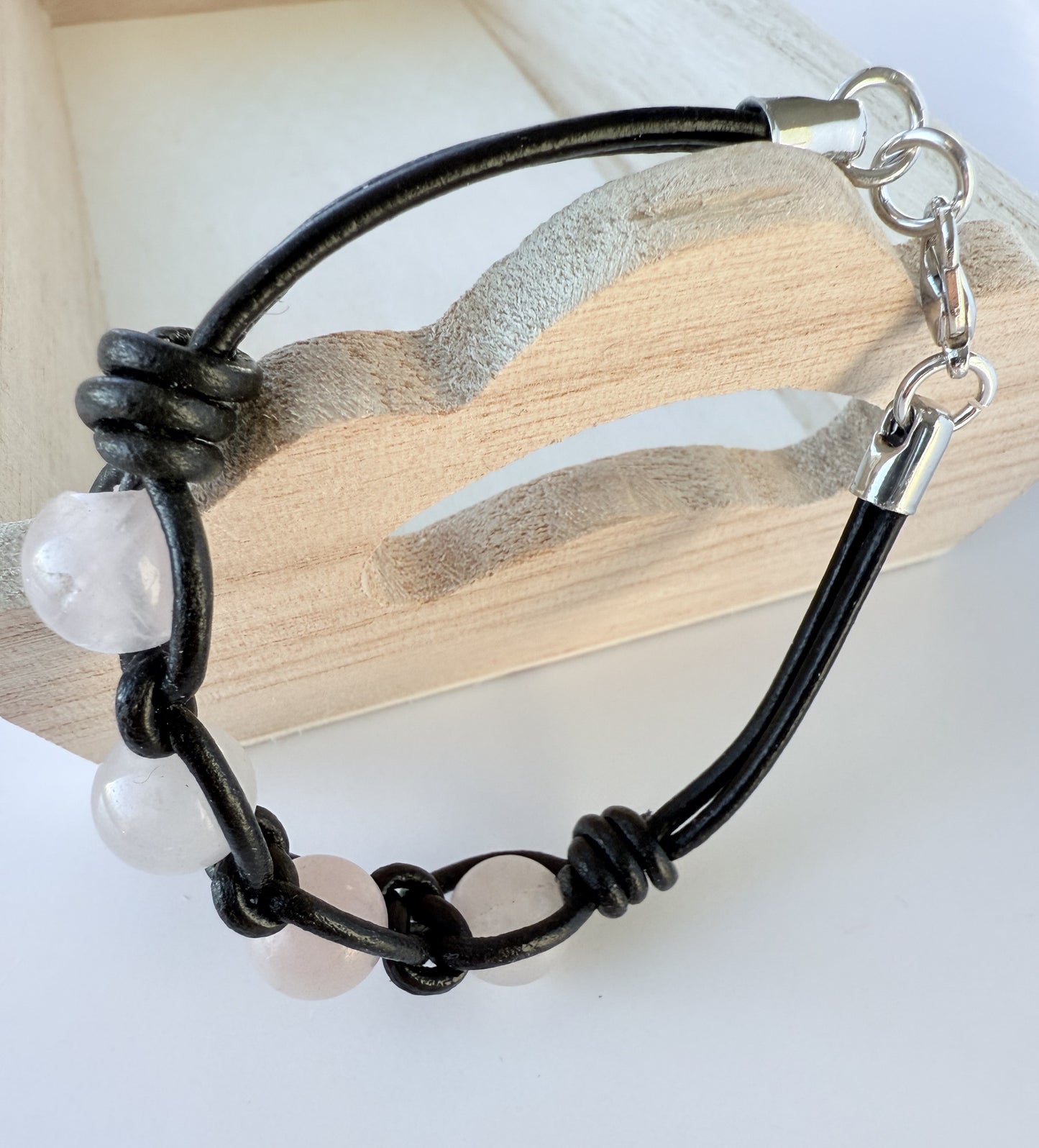 Leather Bracelet with Rose Quartz Gemstone Beads