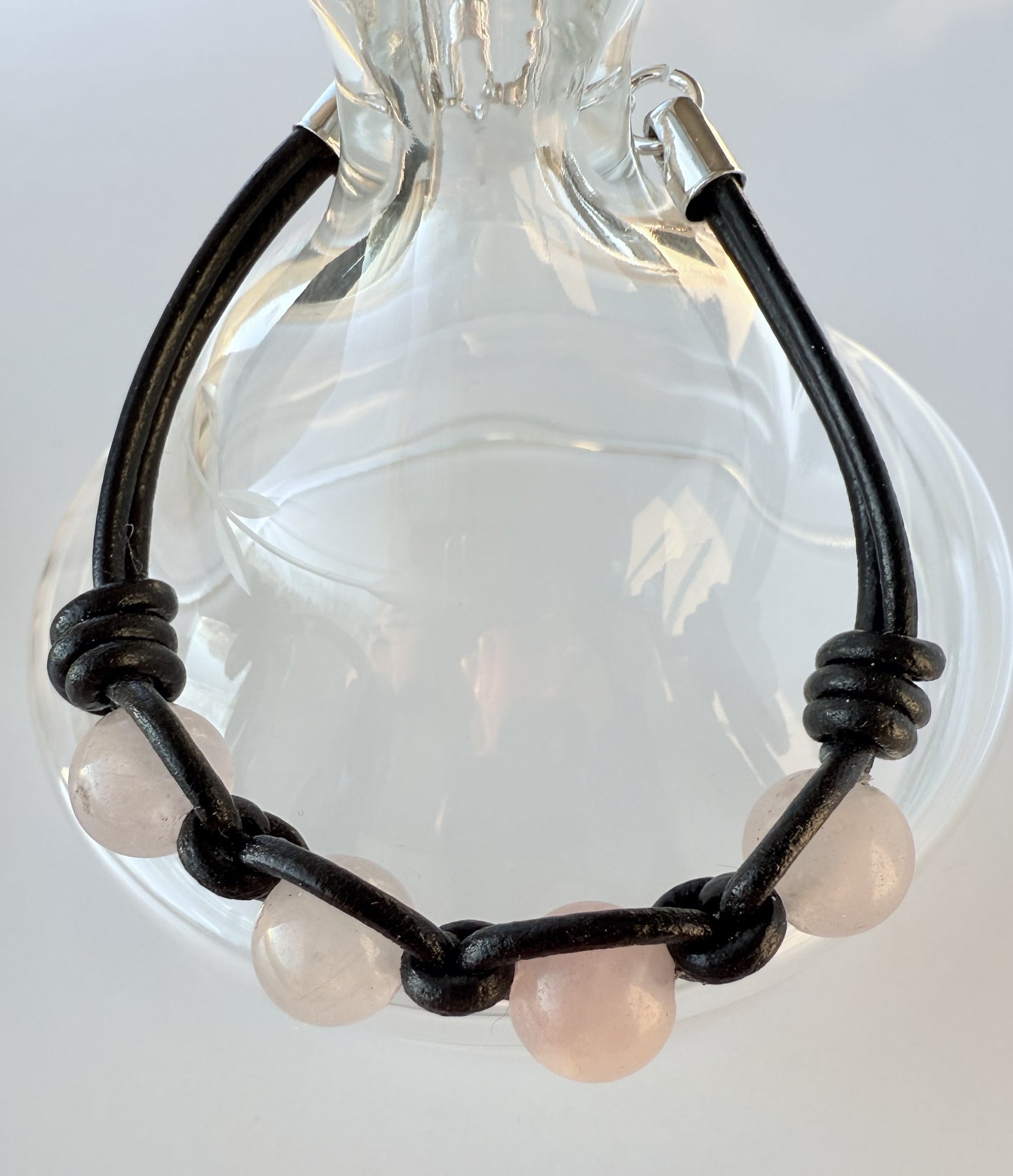 Leather Bracelet with Rose Quartz Gemstone Beads