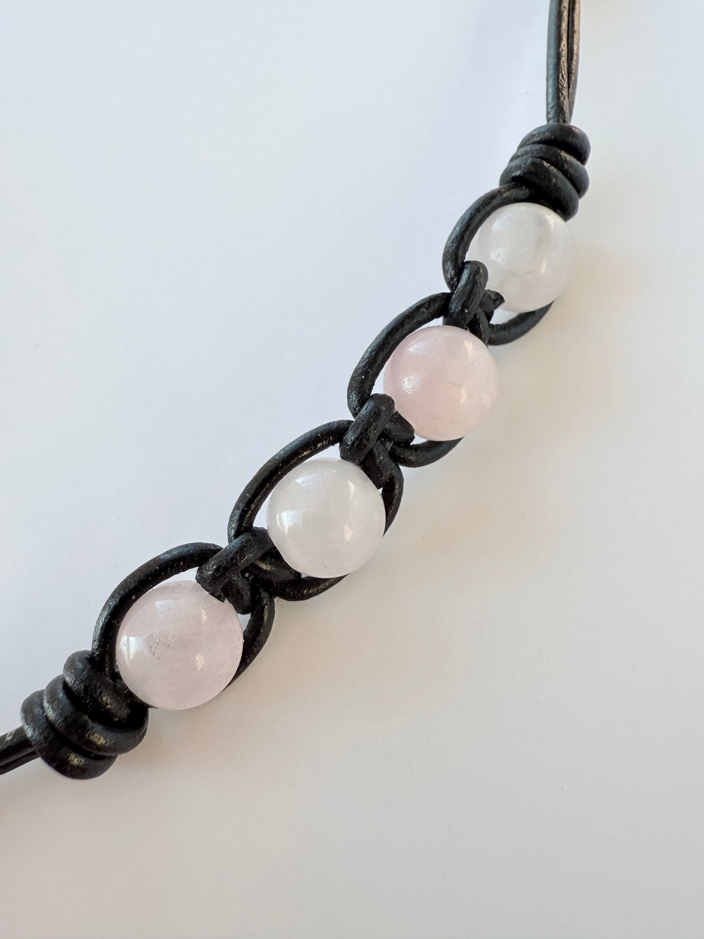 Leather Bracelet with Rose Quartz Gemstone Beads