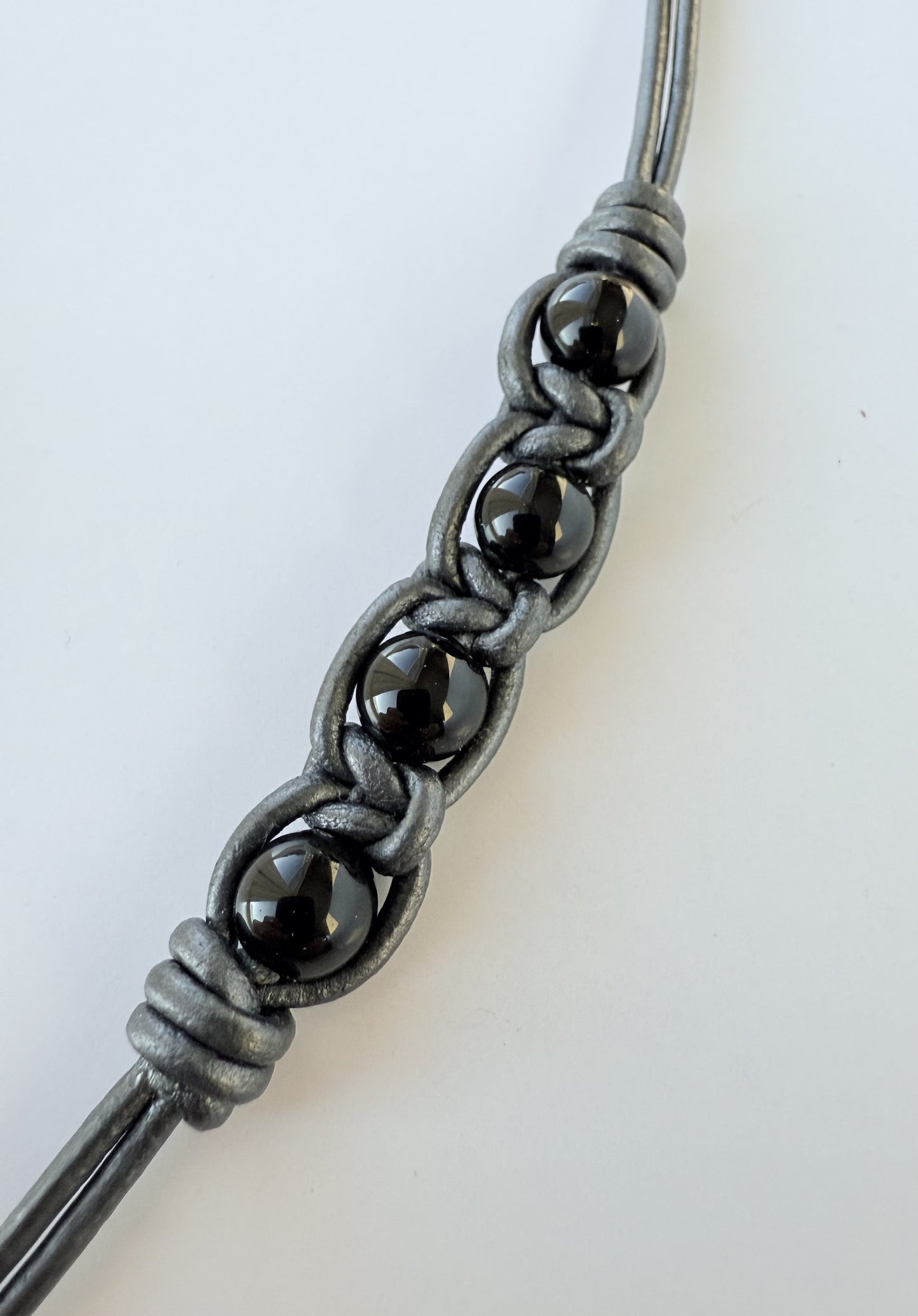 Leather Bracelet with Black Onyx Gemstone Beads