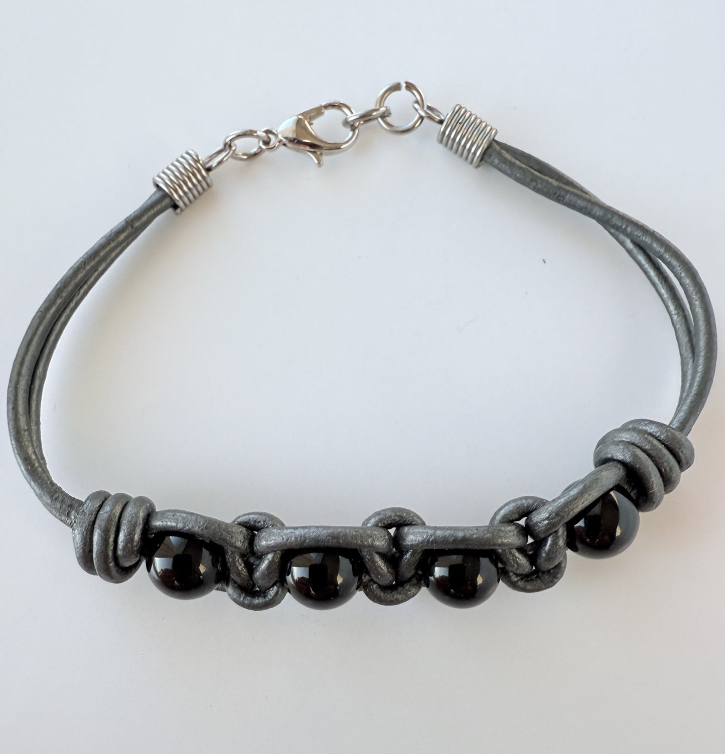 Leather Bracelet with Black Onyx Gemstone Beads