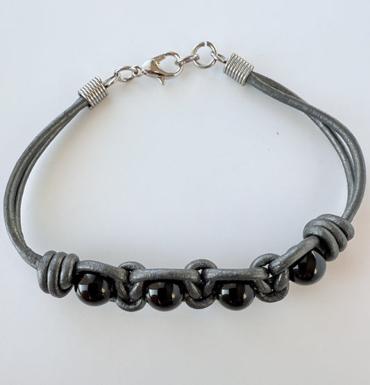 Leather Bracelet with Black Onyx Gemstone Beads