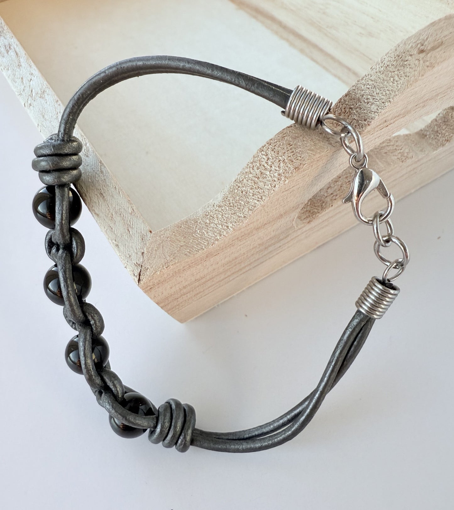 Leather Bracelet with Black Onyx Gemstone Beads