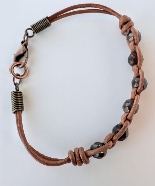 Leather Bracelet with Red Tiger Eye Gemstone Beads