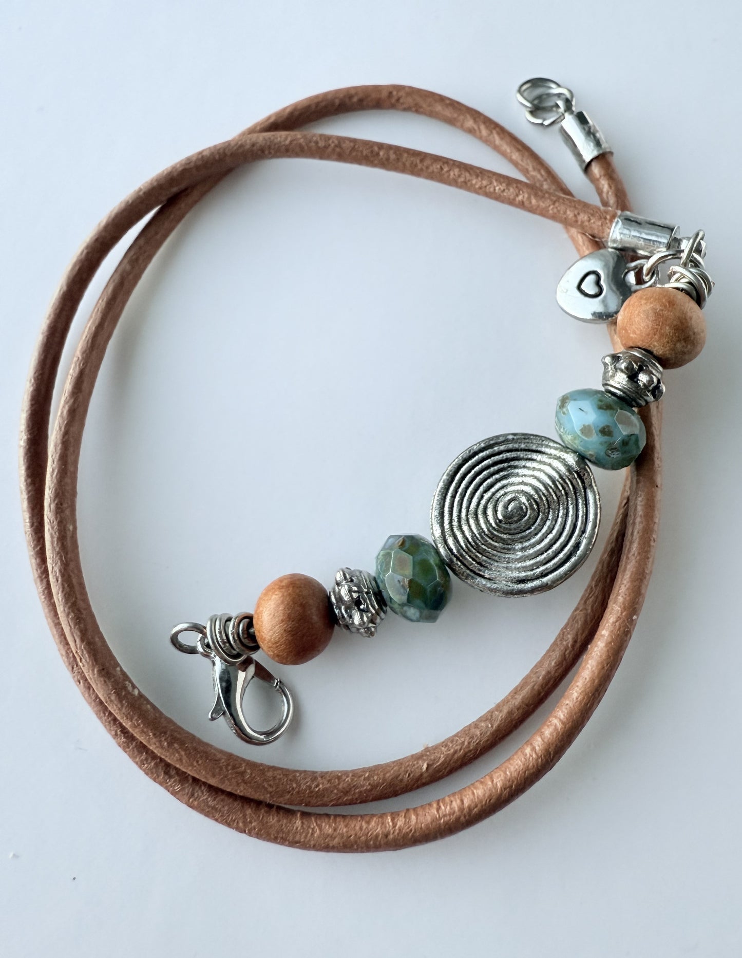 Triple-Wrap Leather & Green Czech Glass Beaded Bracelet