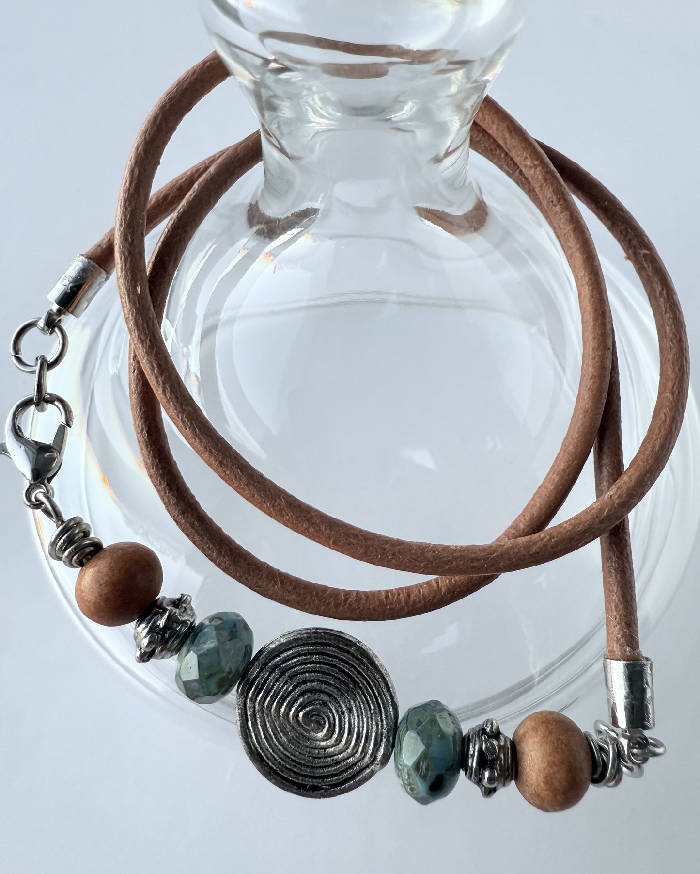 Triple-Wrap Leather & Green Czech Glass Beaded Bracelet
