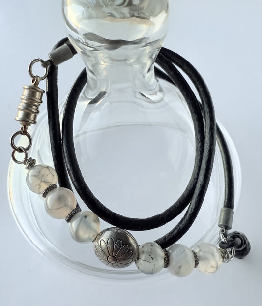 Triple-Wrap Leather & Grey Agate Gemstone Beaded Bracelet
