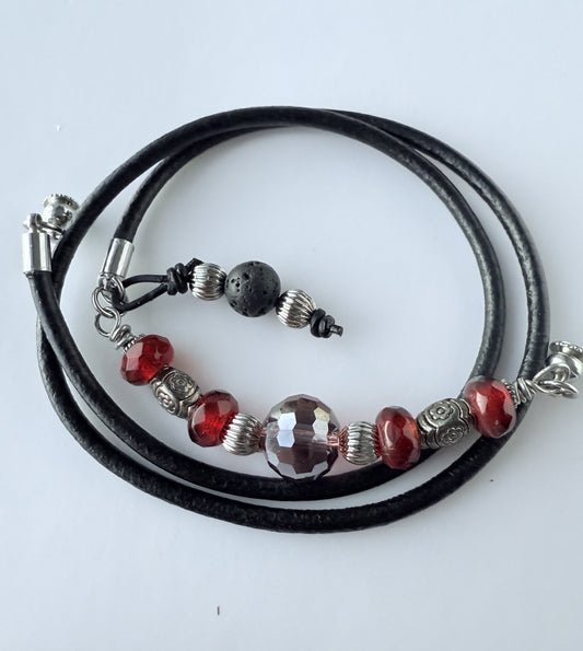Triple-Wrap Leather & Red Czech Glass Beaded Bracelet