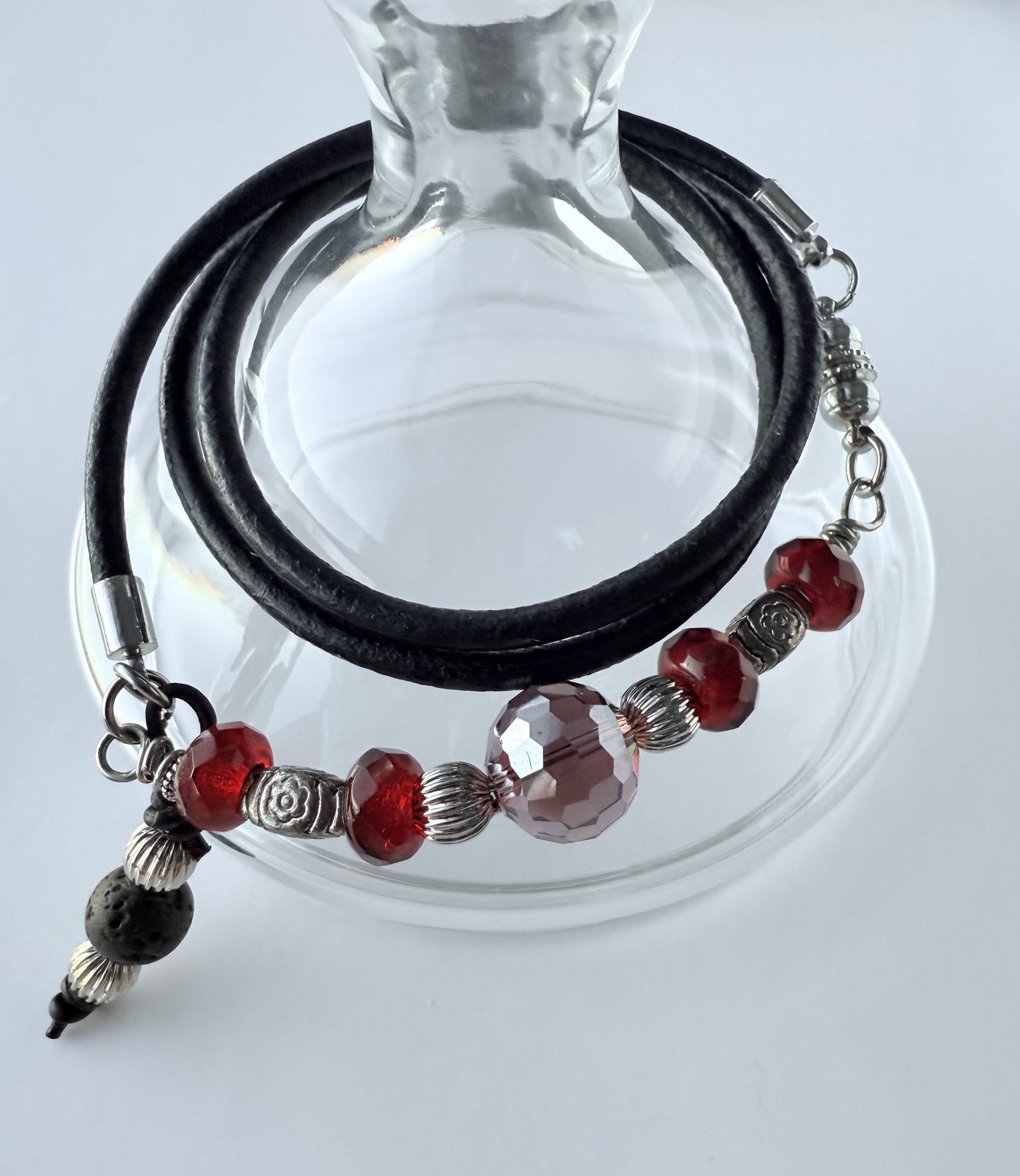 Triple-Wrap Leather & Red Czech Glass Beaded Bracelet