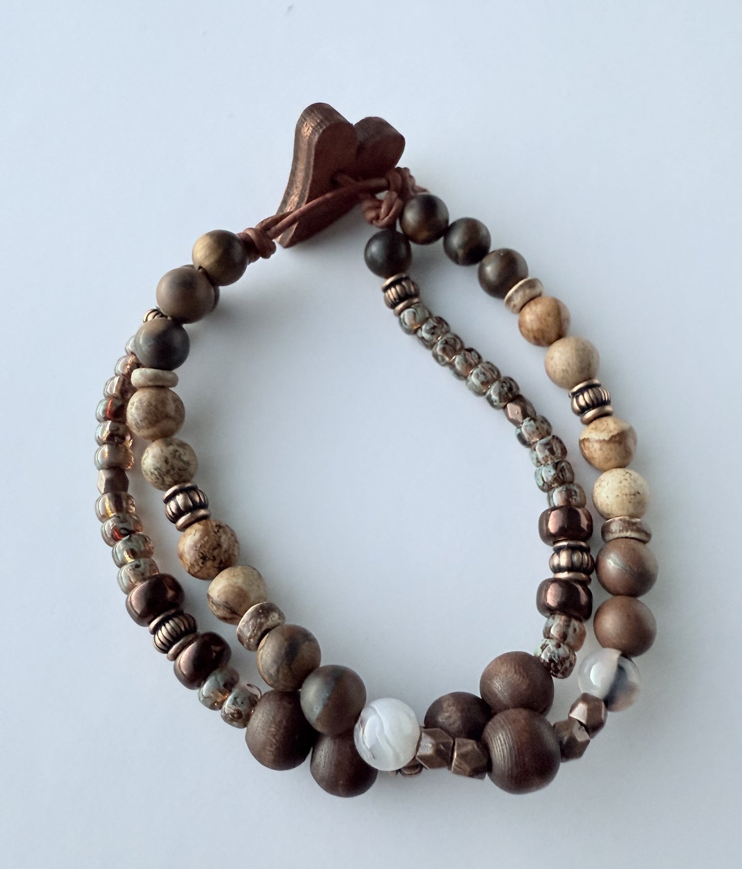 Double-Strand Leather Bracelet with Neutral/Brown Coloured Seed & Wood Beads