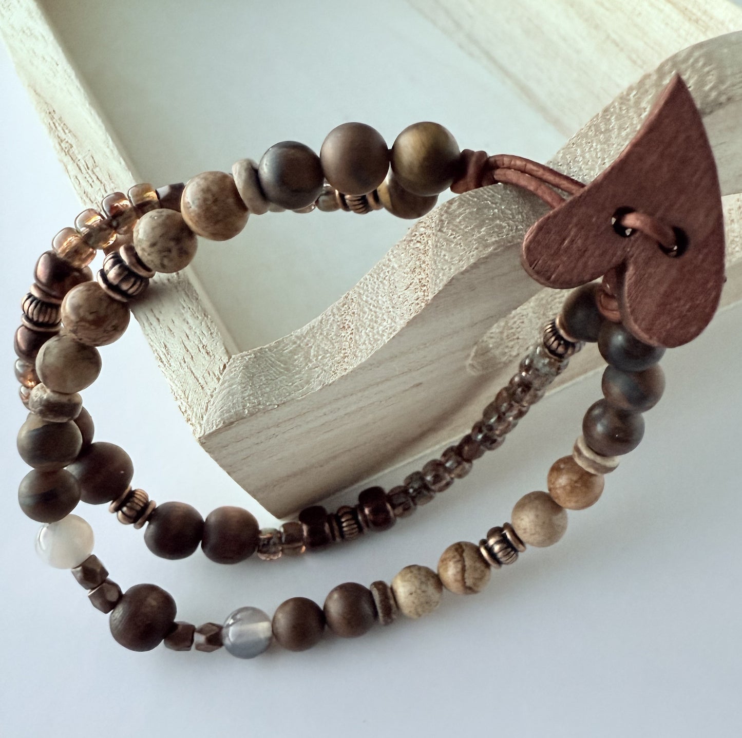 Double-Strand Leather Bracelet with Neutral/Brown Coloured Seed & Wood Beads