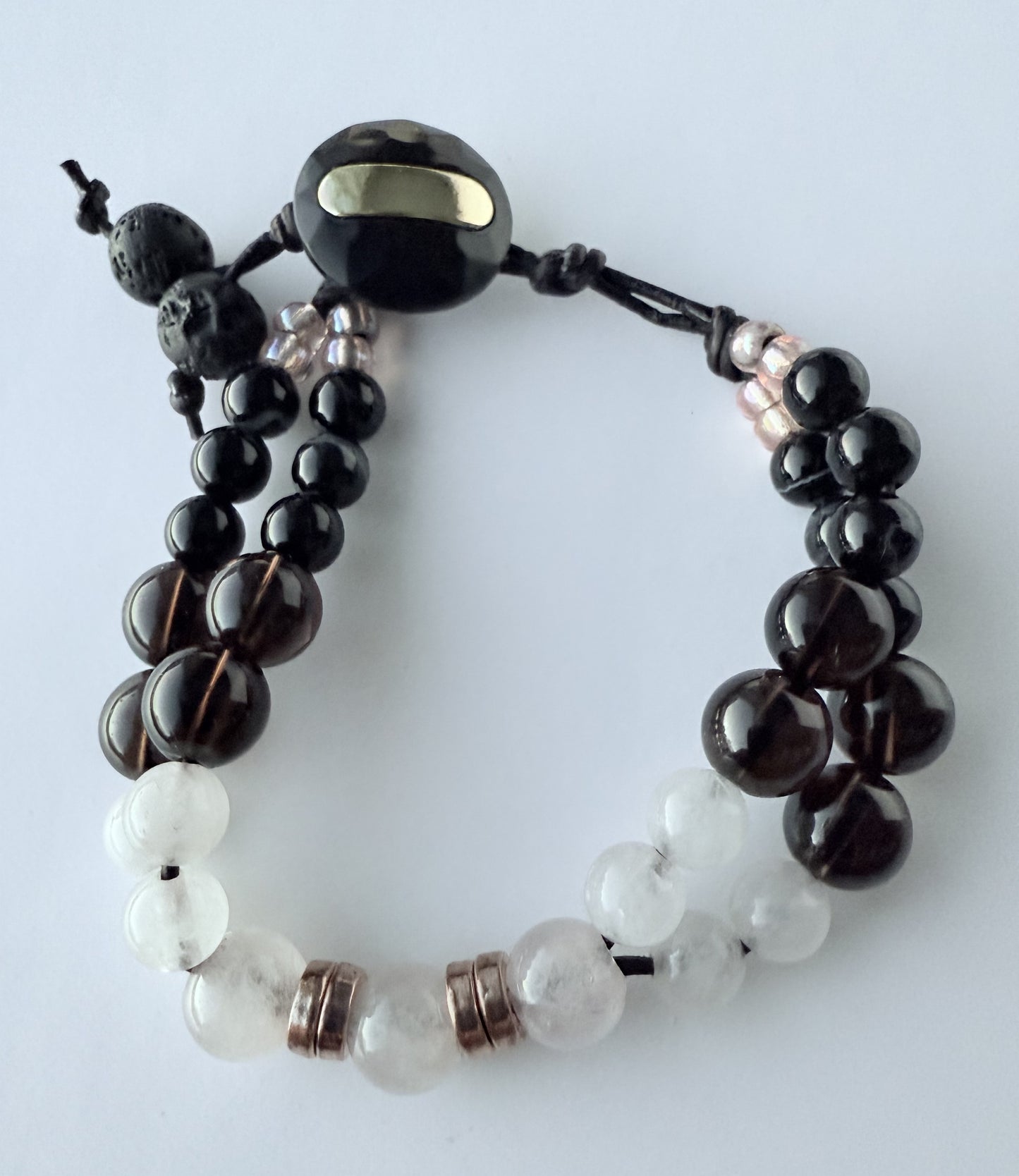Double-Strand Leather Bracelet with Black Obsidian & Pink Rose Quartz Gemstone Beads