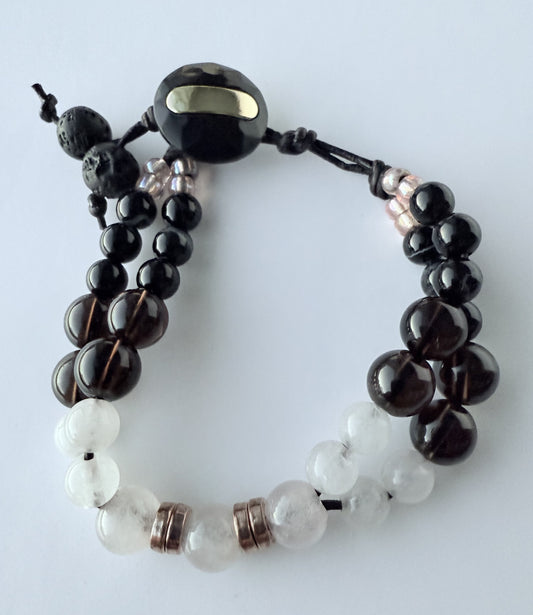 Double-Strand Leather Bracelet with Black Obsidian & Pink Rose Quartz Gemstone Beads