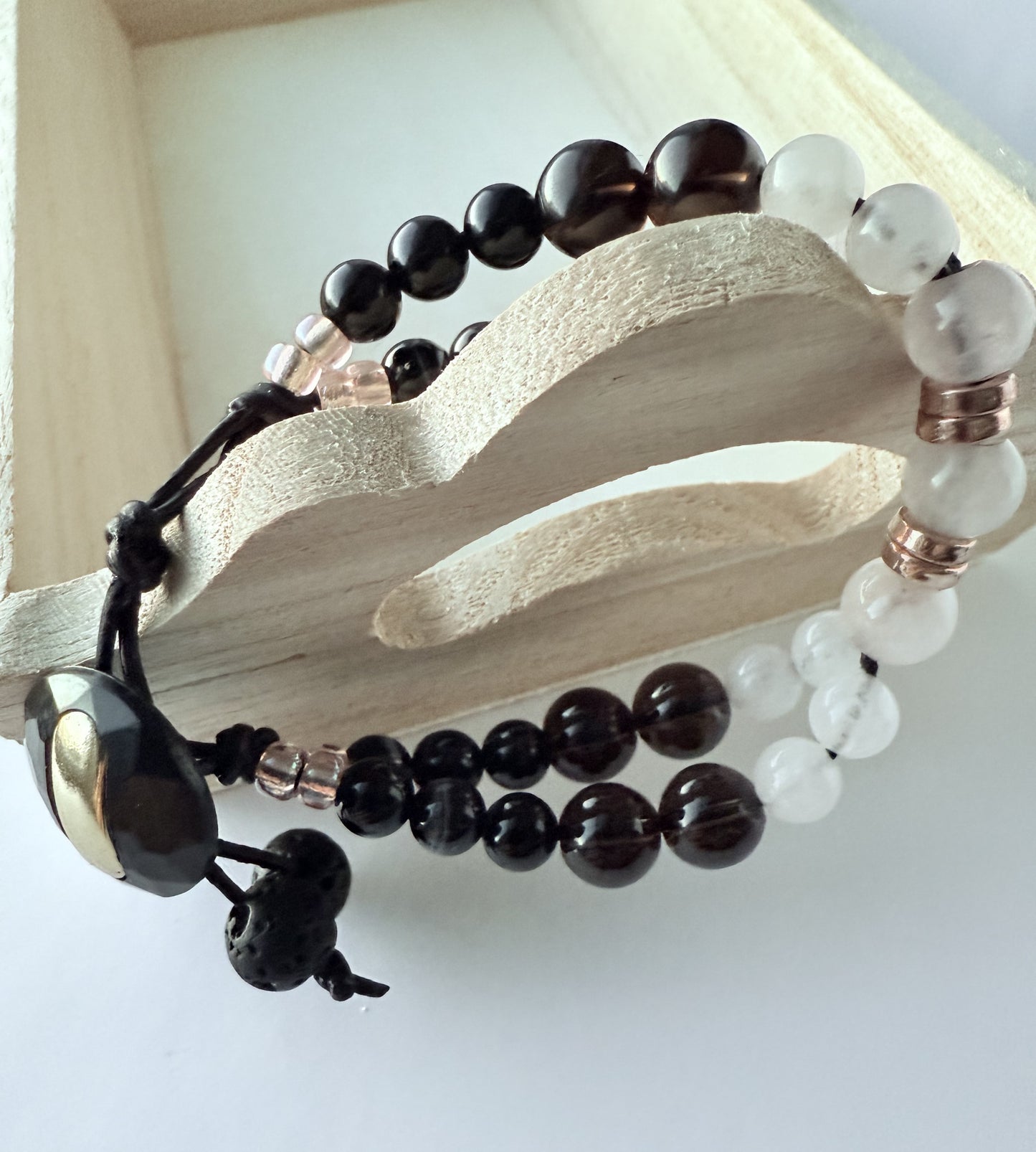 Double-Strand Leather Bracelet with Black Obsidian & Pink Rose Quartz Gemstone Beads