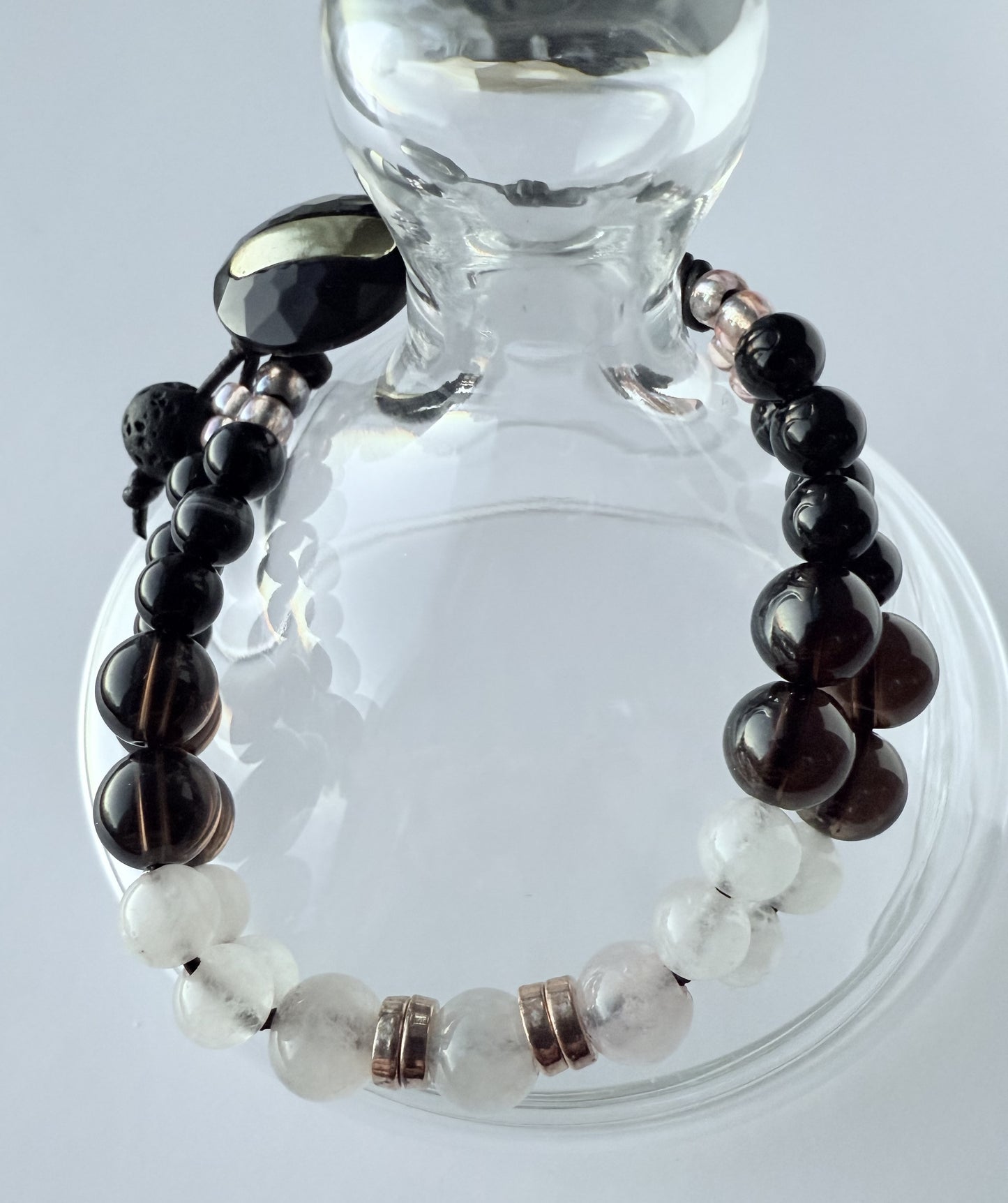 Double-Strand Leather Bracelet with Black Obsidian & Pink Rose Quartz Gemstone Beads