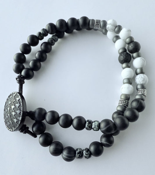 Double-Strand Leather Bracelet with Black Agate & White Howlite Gemstone Beads