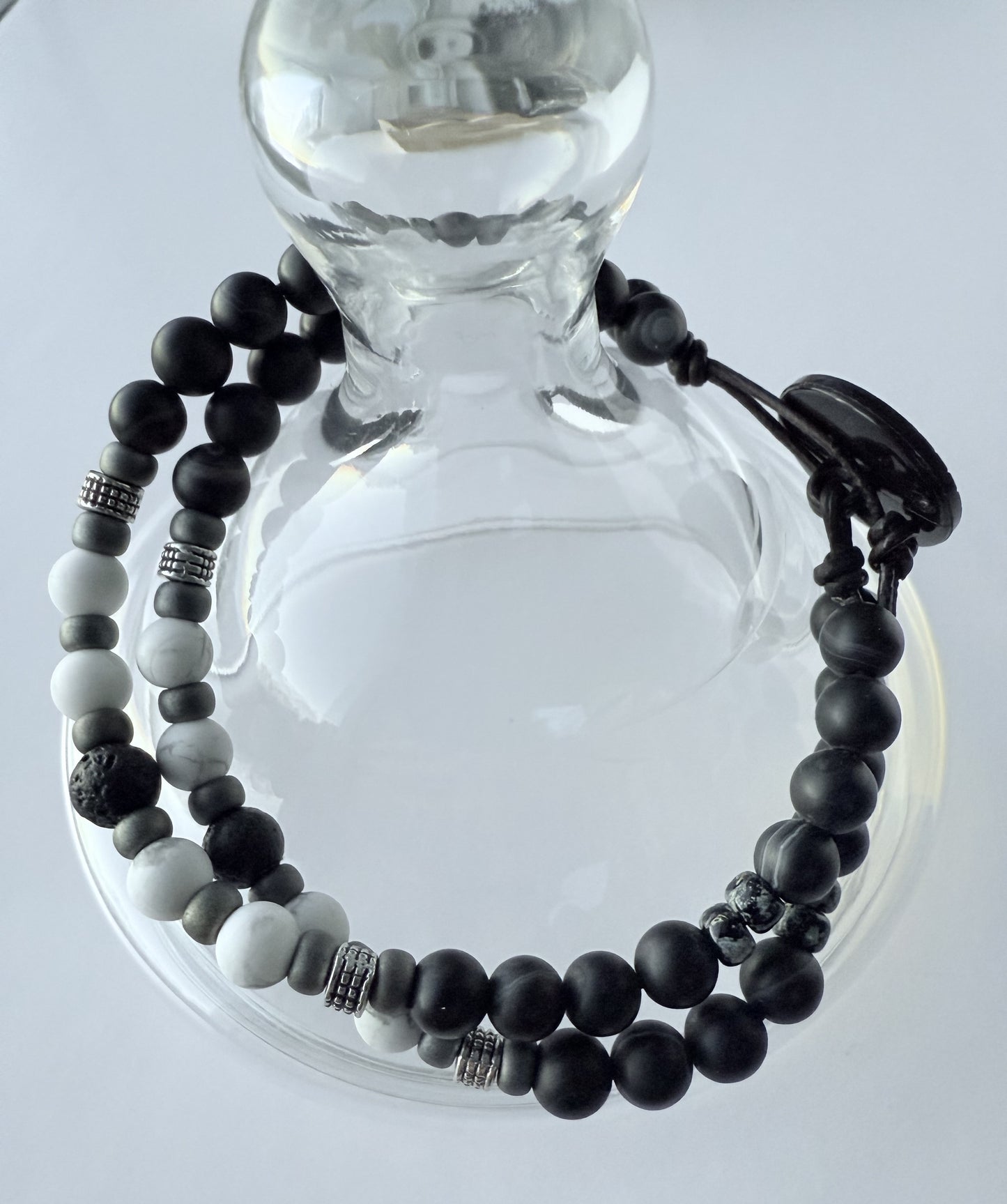 Double-Strand Leather Bracelet with Black Agate & White Howlite Gemstone Beads