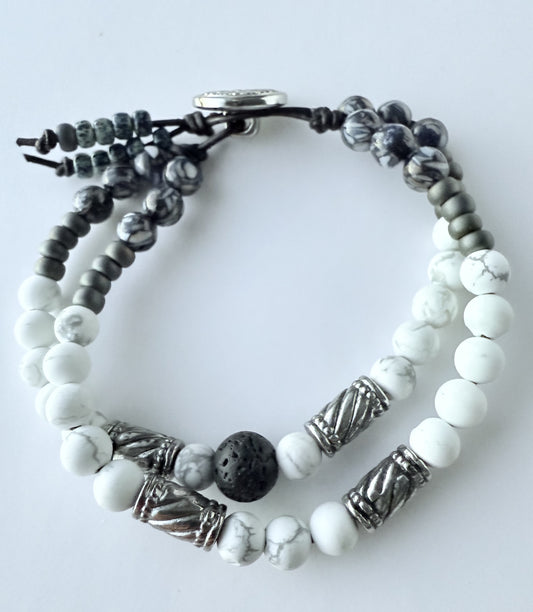 Double-Strand Leather Bracelet with White Howlite & Blue Shell Beads