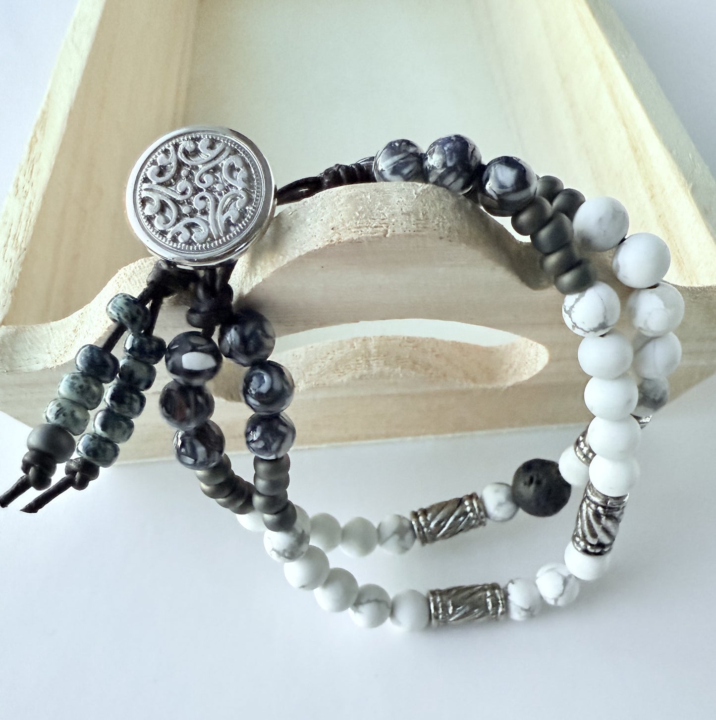 Double-Strand Leather Bracelet with White Howlite & Blue Shell Beads