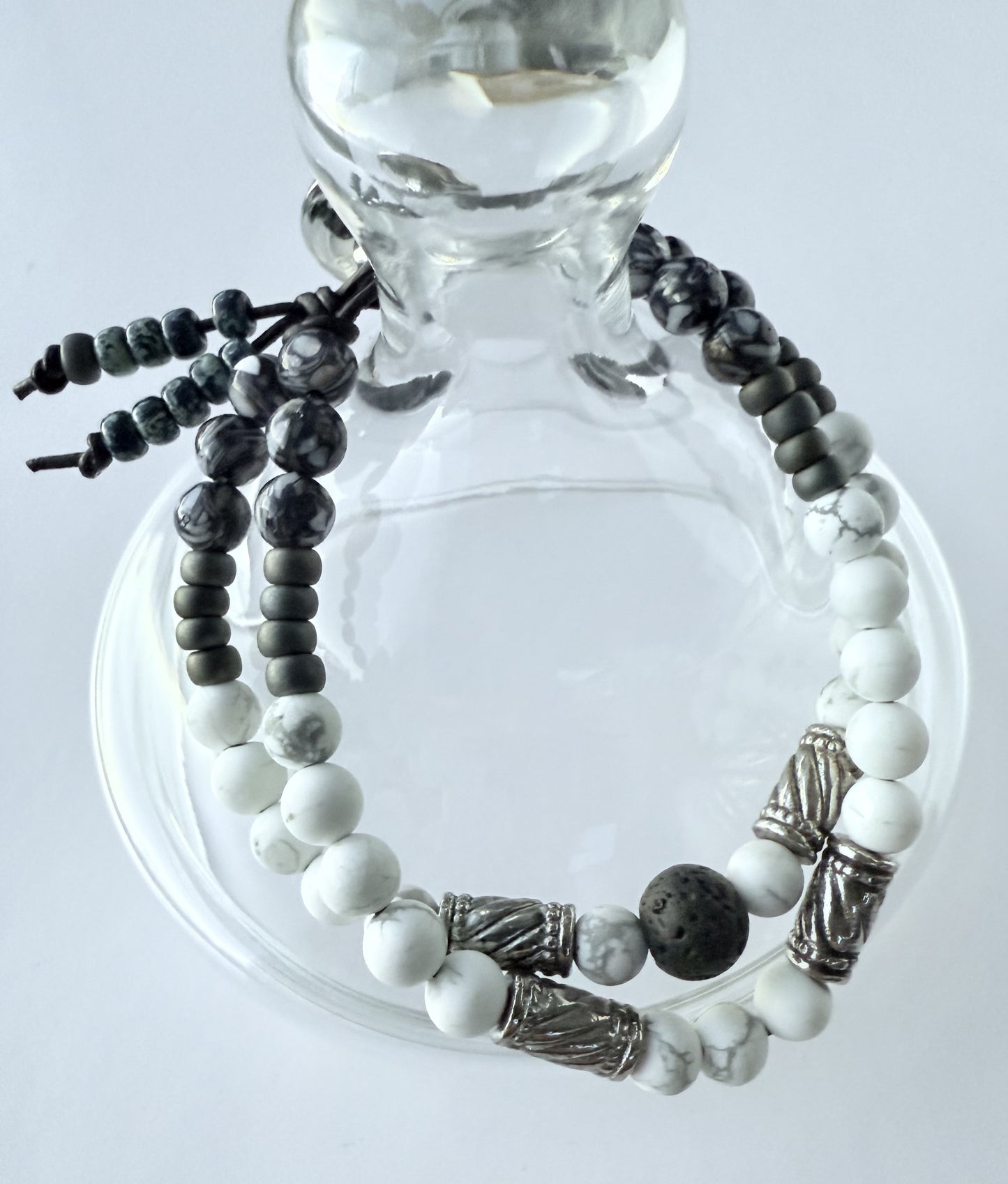 Double-Strand Leather Bracelet with White Howlite & Blue Shell Beads