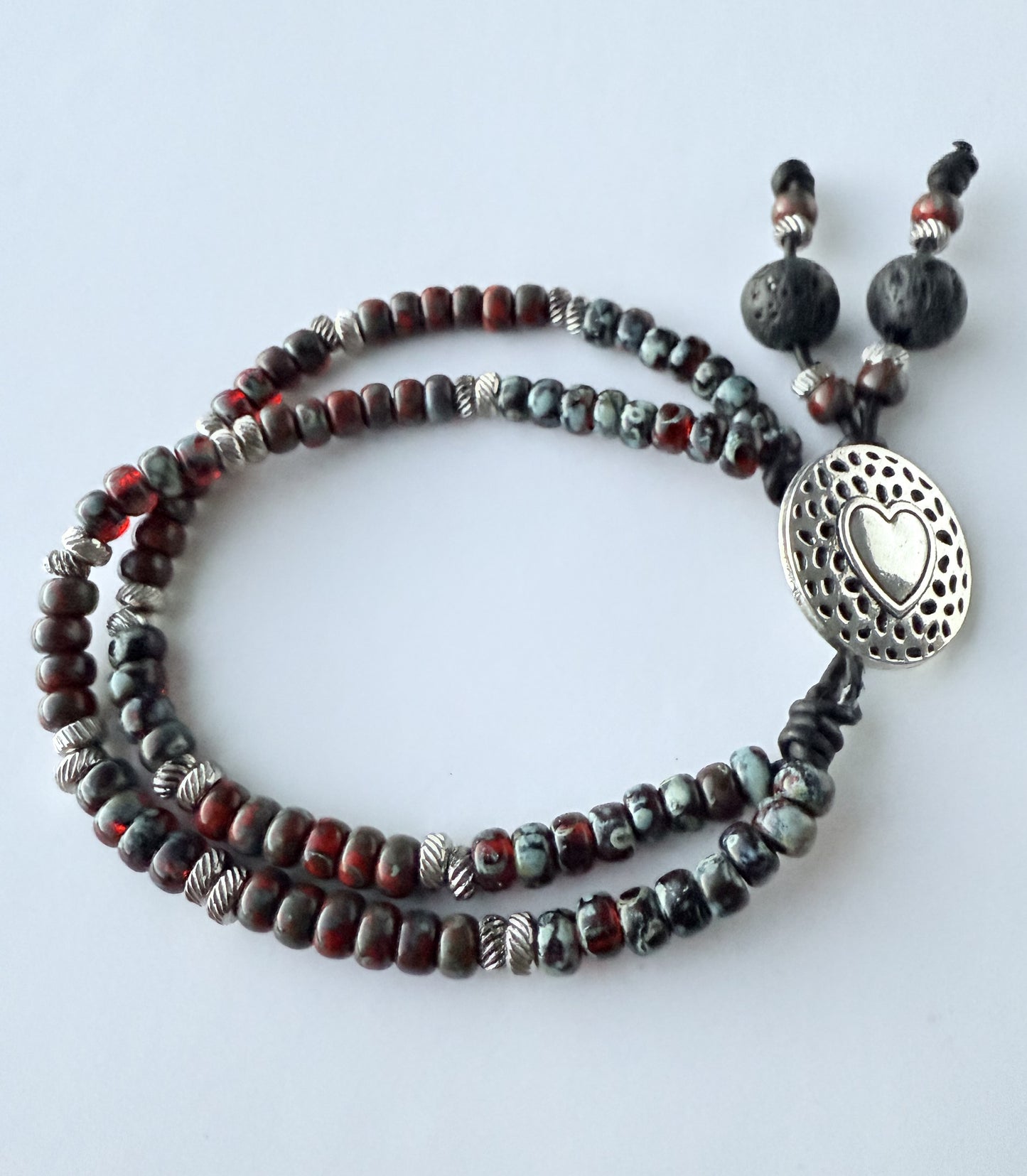 Double-Strand Leather Bracelet with Black/Grey & Red Seed Beads