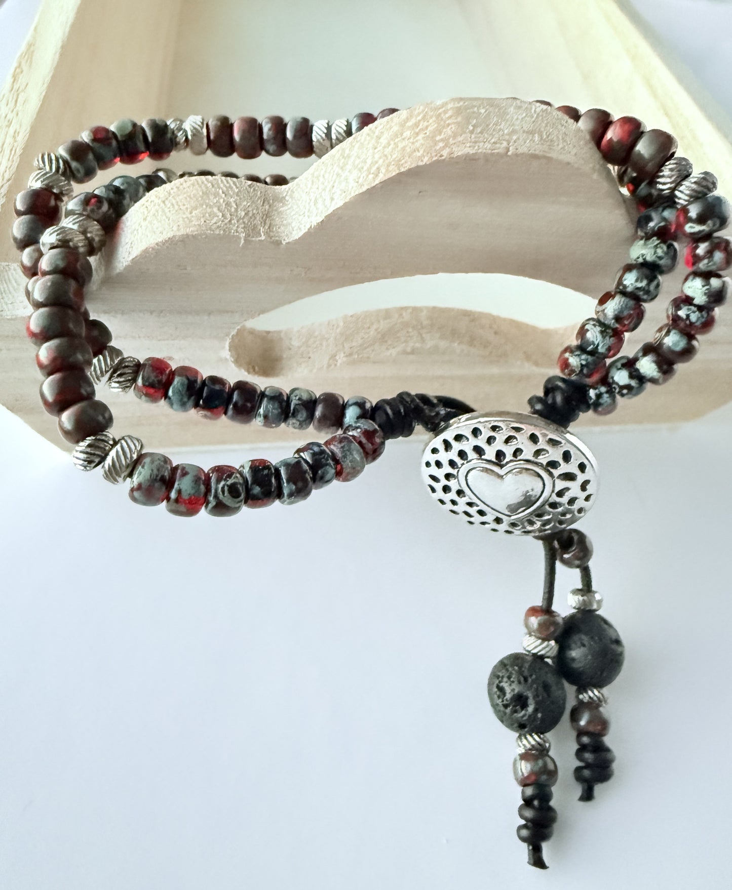 Double-Strand Leather Bracelet with Black/Grey & Red Seed Beads