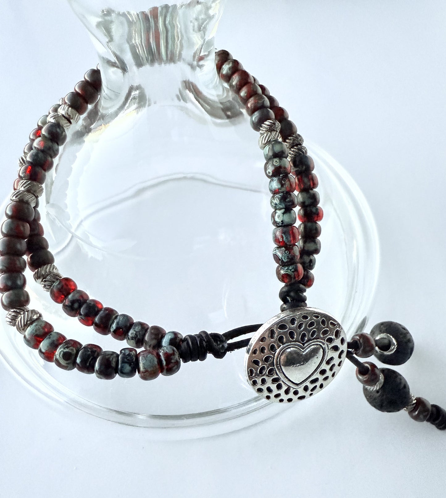 Double-Strand Leather Bracelet with Black/Grey & Red Seed Beads