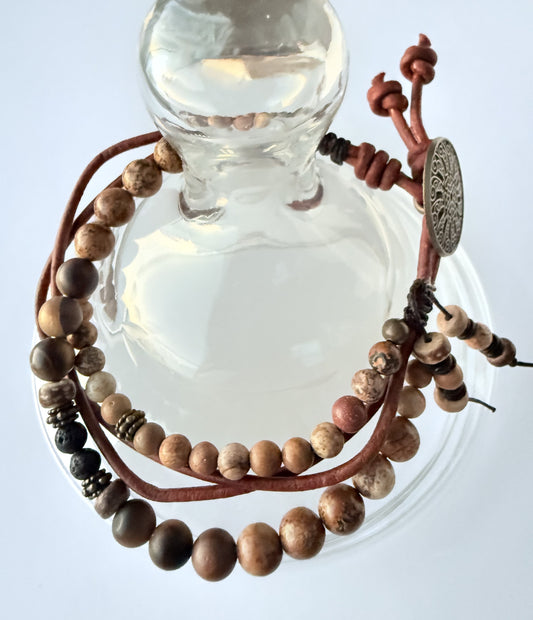 Quad-Strand Leather Bracelet with Picture Jasper Gemstone Beads