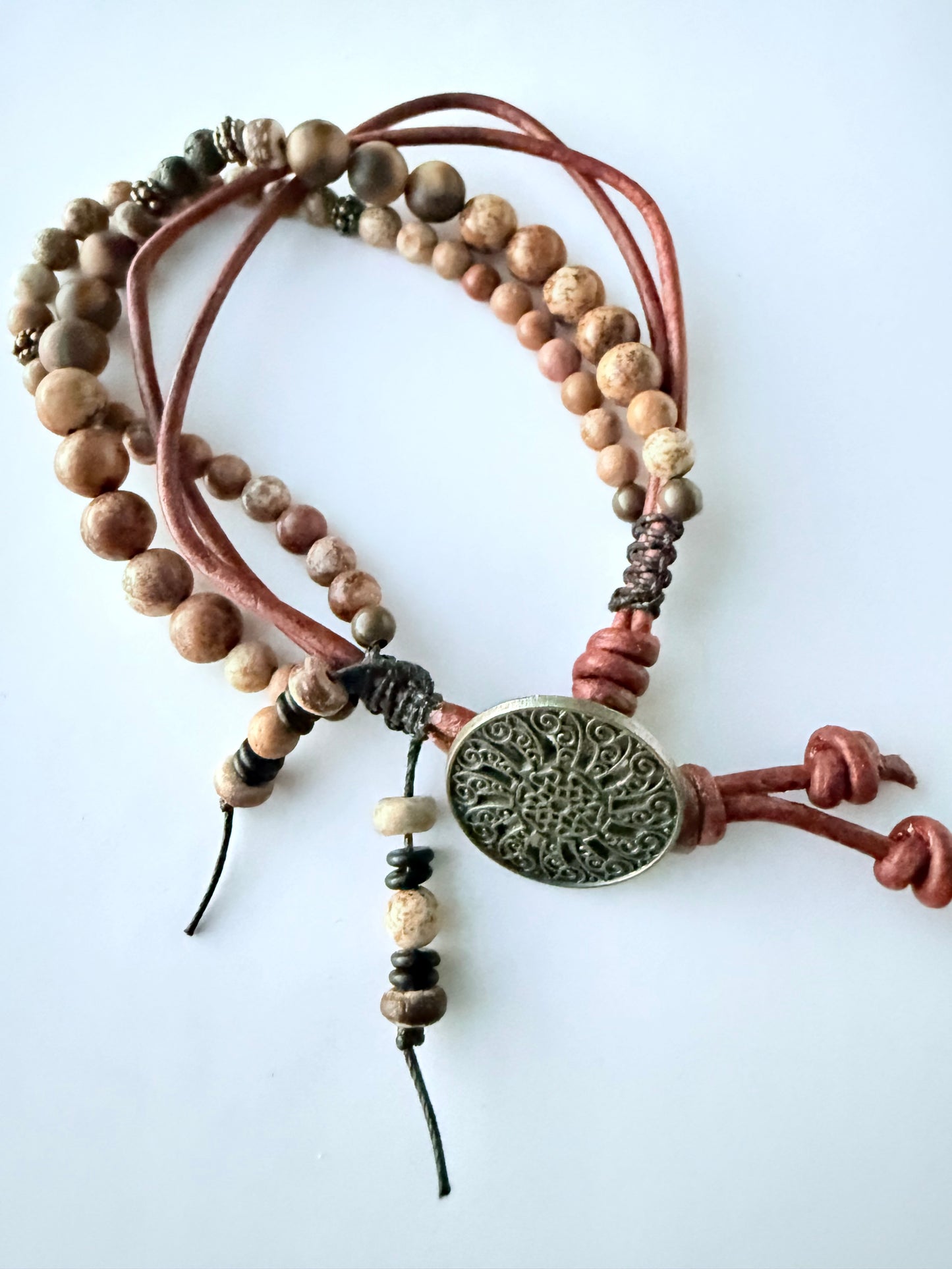 Quad-Strand Leather Bracelet with Picture Jasper Gemstone Beads