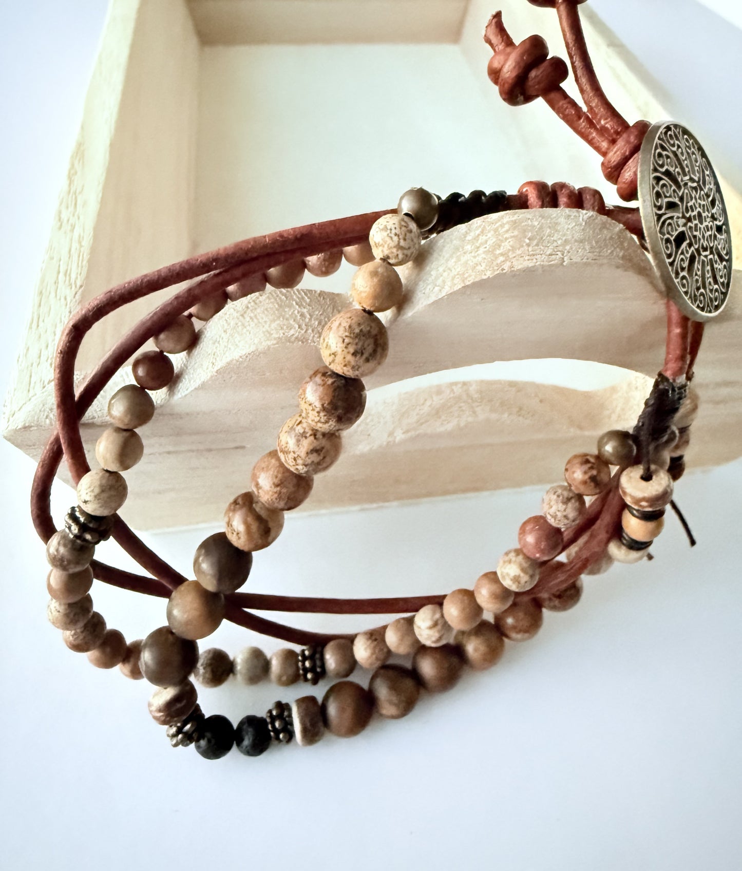 Quad-Strand Leather Bracelet with Picture Jasper Gemstone Beads