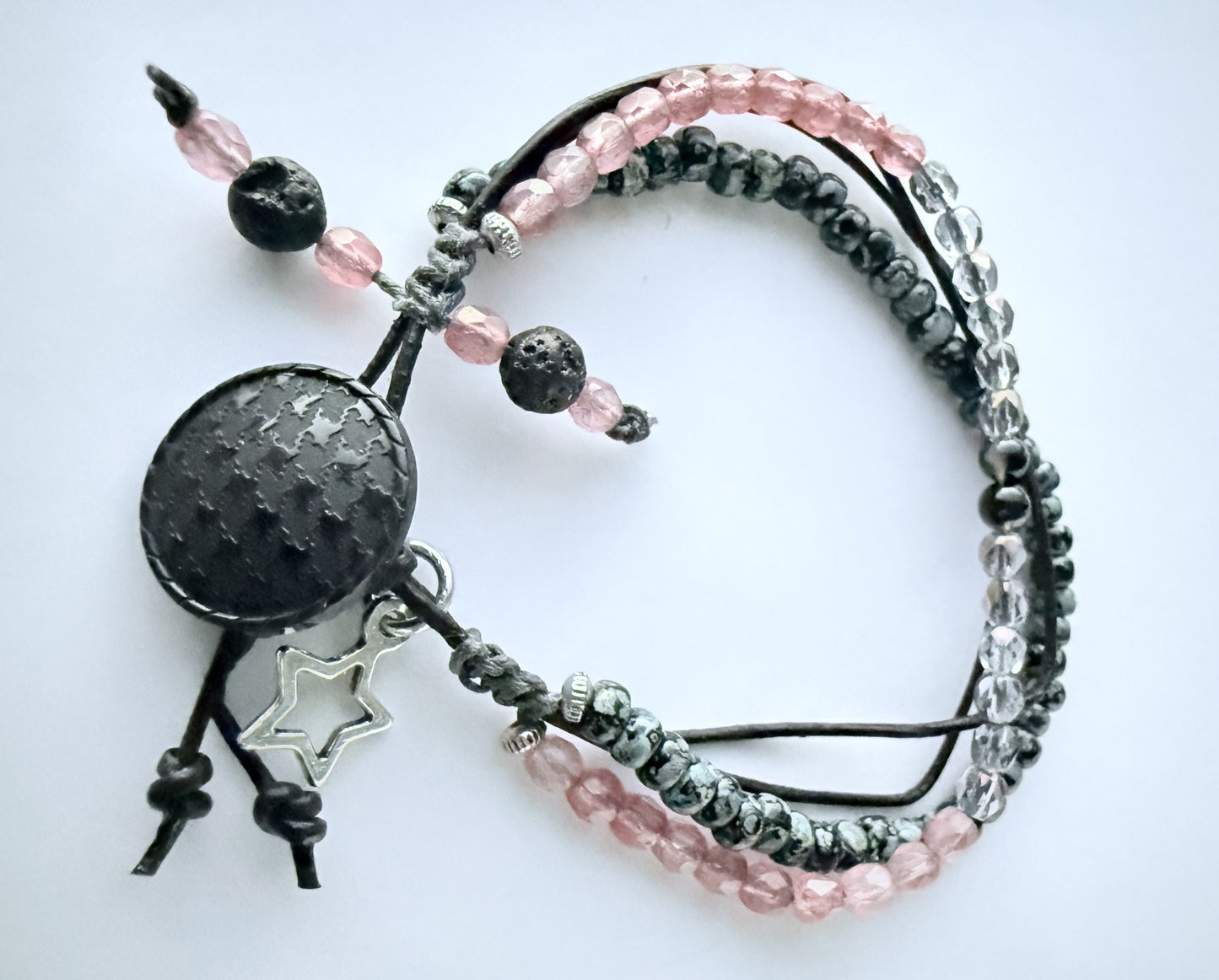 Quad-Strand Leather Bracelet with Black Seed Beads & Pink Czech Glass Beads