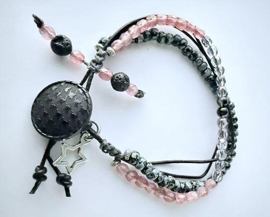 Quad-Strand Leather Bracelet with Black Seed Beads & Pink Czech Glass Beads
