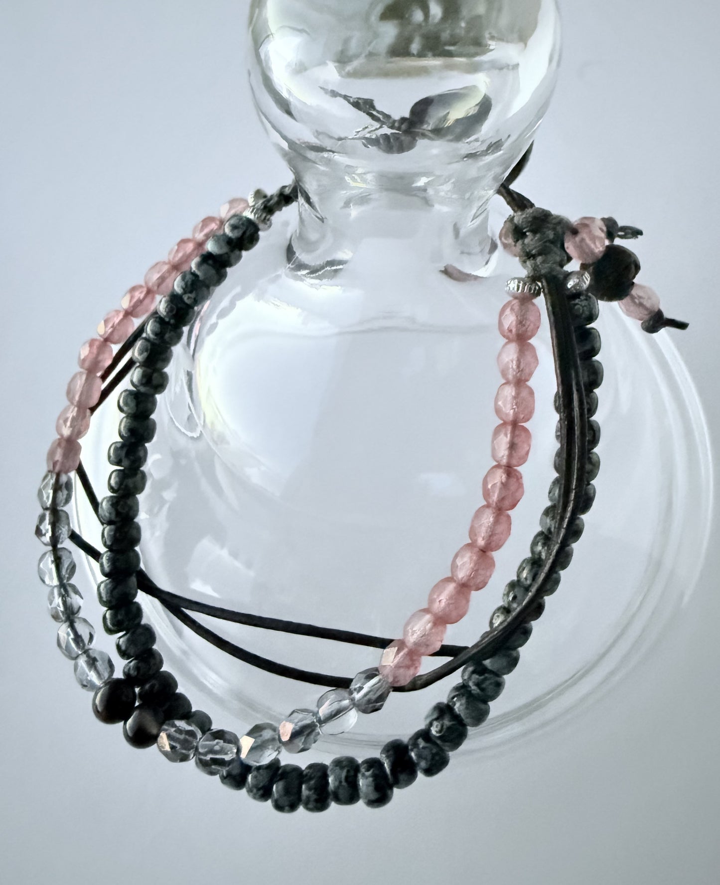 Quad-Strand Leather Bracelet with Black Seed Beads & Pink Czech Glass Beads