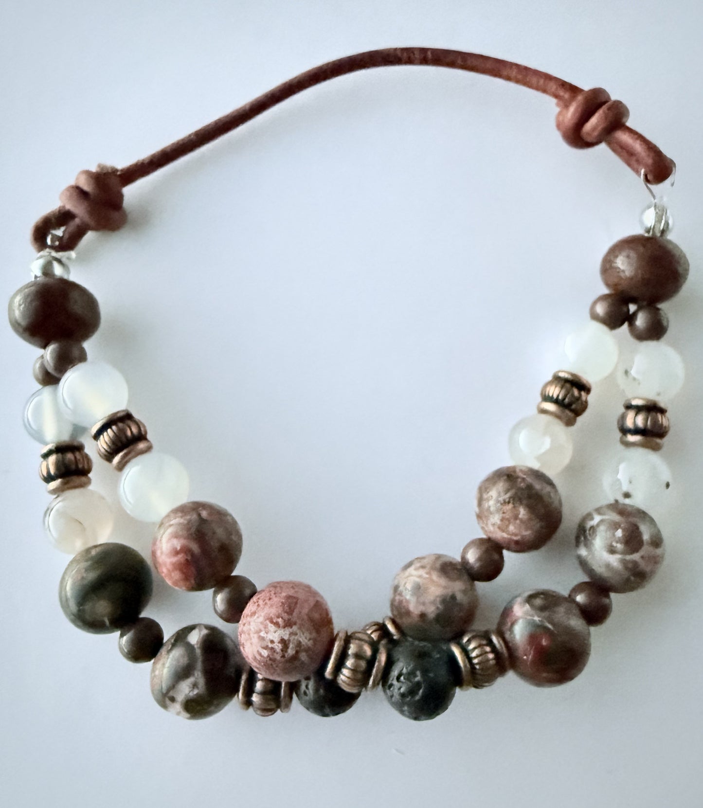 Double-Strand Leather & Stretch Cord Bracelet with Leopard Jasper & Agate Gemstone Beads