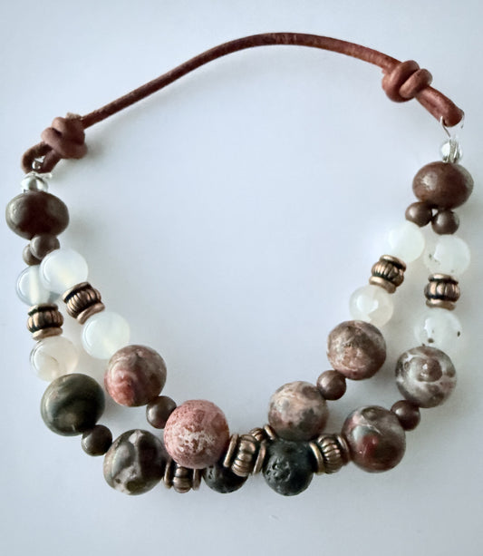 Double-Strand Leather & Stretch Cord Bracelet with Leopard Jasper & Agate Gemstone Beads