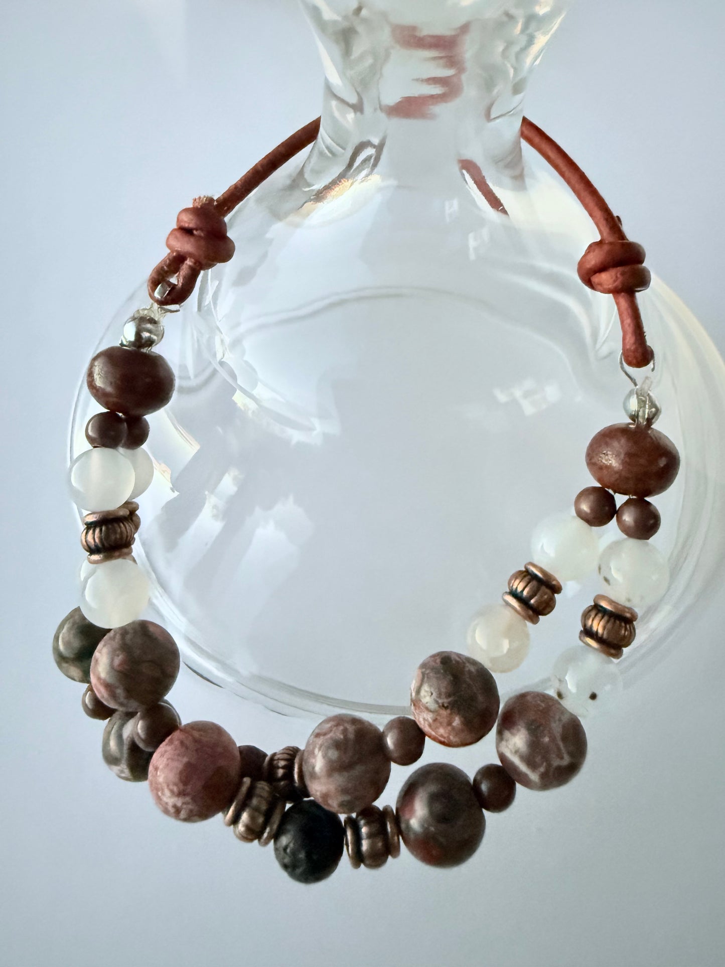 Double-Strand Leather & Stretch Cord Bracelet with Leopard Jasper & Agate Gemstone Beads