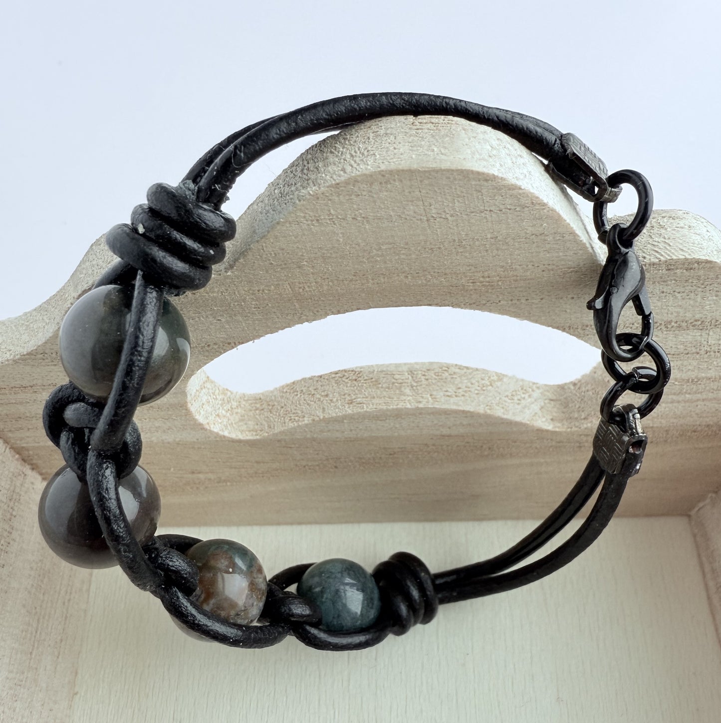 Leather Bracelet with Indian Agate Gemstone Beads