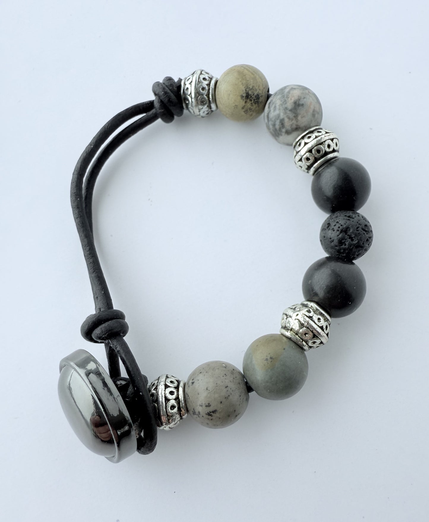 Leather Bracelet with Grey & Black Agate Gemstone Beads