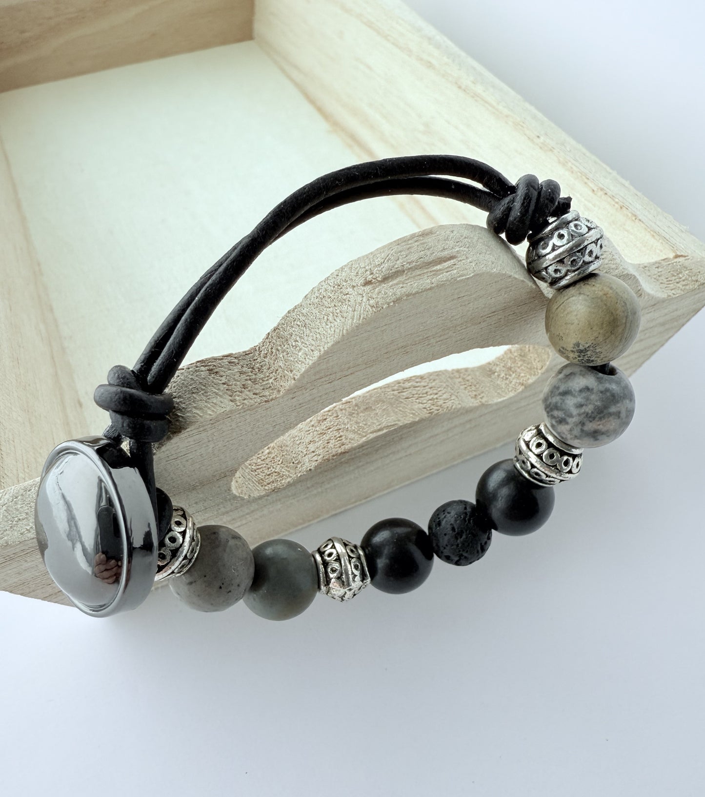 Leather Bracelet with Grey & Black Agate Gemstone Beads