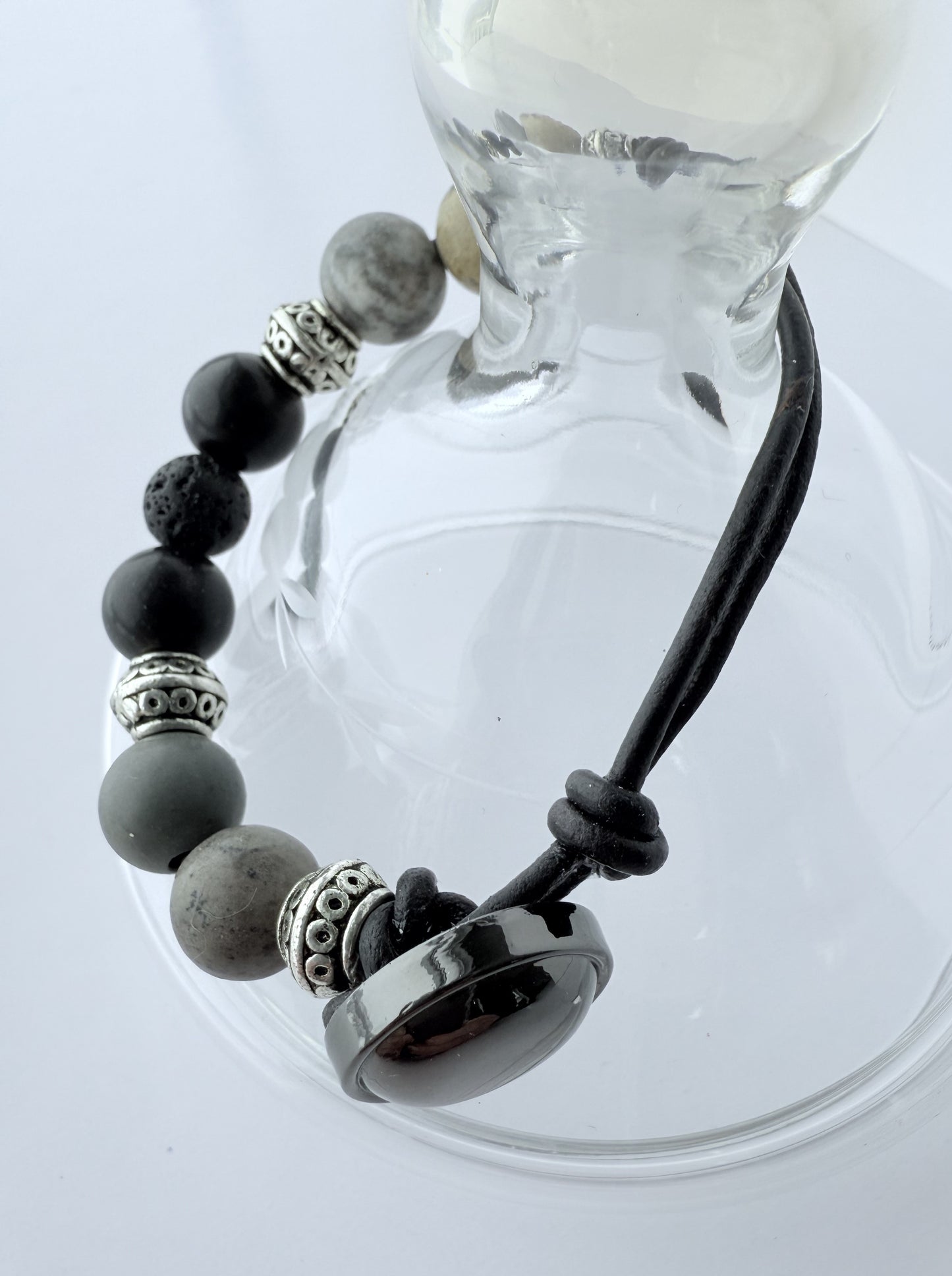 Leather Bracelet with Grey & Black Agate Gemstone Beads